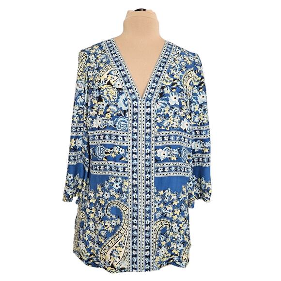 INC International Concepts Silk Blue Tunic Top 3/4 Sleevs Plus Size 14 Floral - Picture 1 of 15